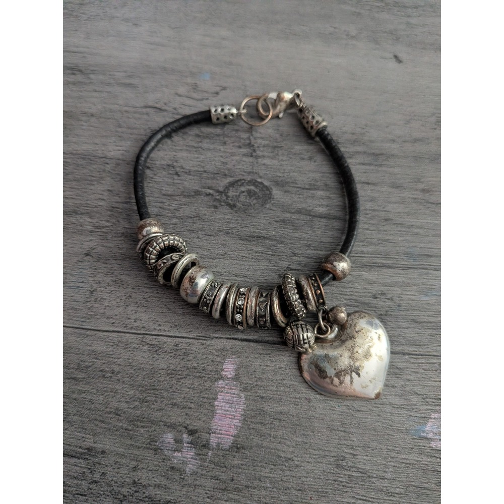 Vintage Black Leather Charm Bracelet Silver Heart Pendant Boho Beaded Cord